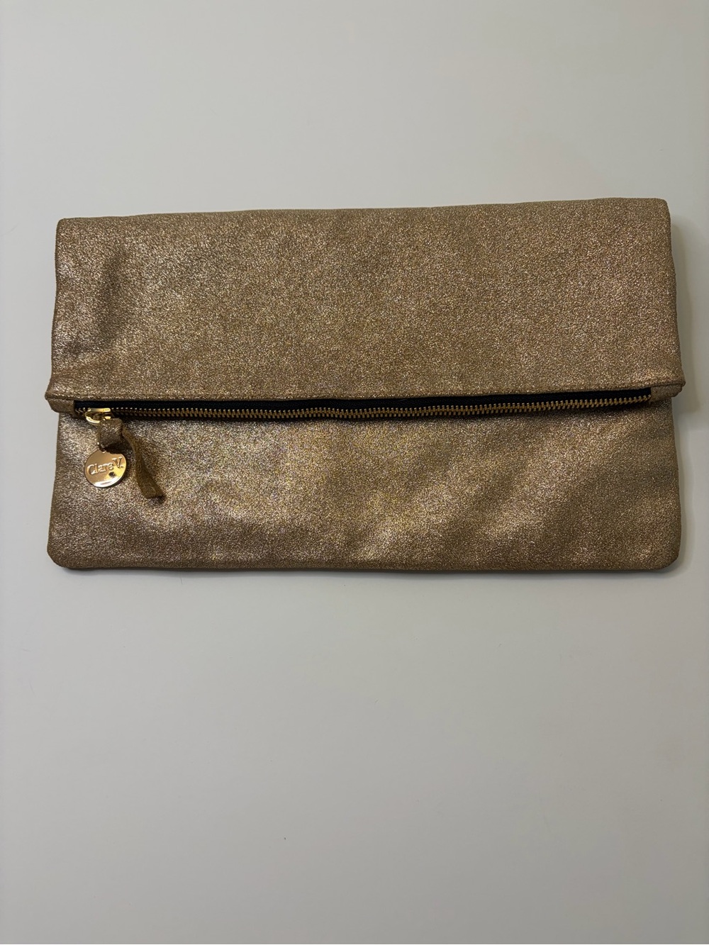 Clare V. Gold Metallic Foldover Clutch Leather Designer Holiday Party Bag